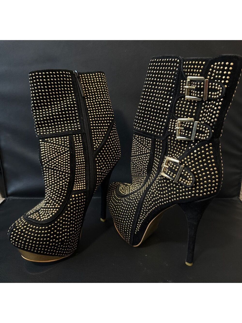Sheikh Size 10 Black Studded High Heel Platform Ankle Boots with Buckles